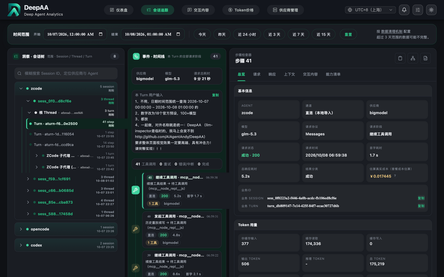 Session → Thread → Turn → Step hierarchy view(深色)